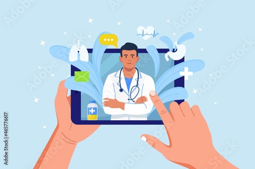 Online consultation with doctor. Virtual medicine. Computer screen with medic on chat in messenger. Using tablet pc to video call to therapist. Vector design