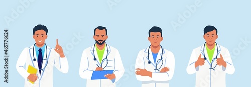 Group of doctors, medical staff standing together Doctor teamwork. Physician team. Friendly and caring medics in white coats with stethoscopes. Vector illustration