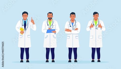 Group of doctors in coats with stethoscope standing together. Banner with team of medical staff, physician, hospital workers in medic uniform. Vector illustration