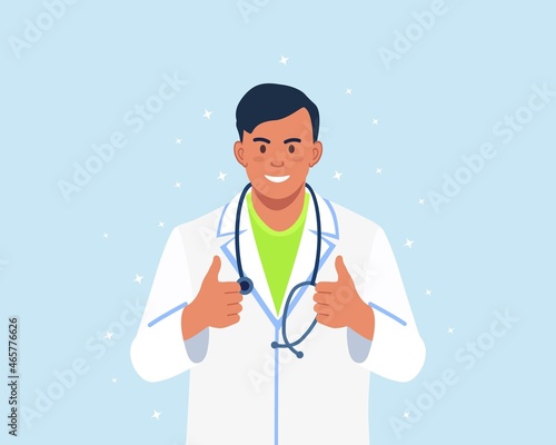 Smiling doctor with stethoscope showing thumbs up. Vector illustration