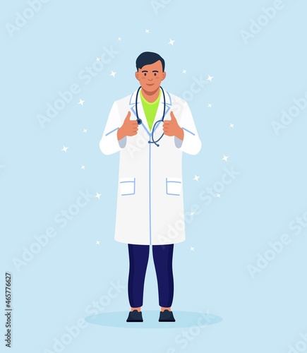 Smiling doctor with stethoscope showing thumbs up. Vector illustration