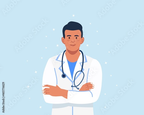 Doctor, surgeon, pharmacist or therapist with stethoscope. Smiling medic worker. Medical staff. Vector illustration