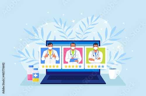Doctors ranking on computer screen. Patients analyzing, evaluating best physicians profiles. Telemedicine website for comparing reviews about therapists. Vector design