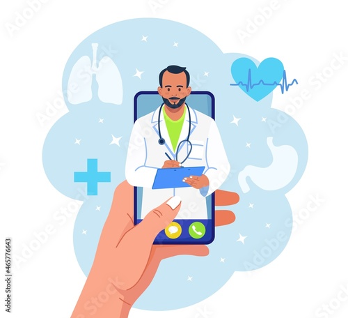 Online consultation with doctor. Virtual medicine. Phone screen with medic on chat in messenger. Using smartphone to video call to therapist. Vector illustration