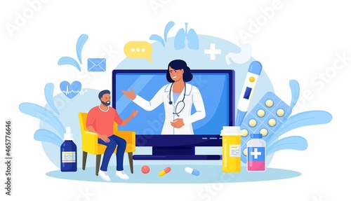 Online medical consultation and support. Ask a doctor. Physician with stethoscope on computer screen. Video conferencing, call meeting at home. Therapist appointment. Telemedicine. Vector design