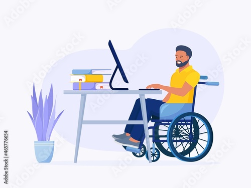 Disabled Man in Wheelchair  Working at Computer in Home Office. Handicapped Person at Workplace. Disabled People Employment and Social Adaptation. Vector design