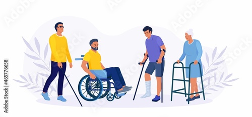 Disabled man sitting in wheelchair. Woman is walking, leaning on orthopedic walker. Blind patient walk with cane. Guy with broken leg in cast with crutches. People with disabilities. Rehabilitation