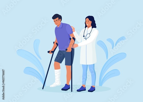 Nurse or Physician helps patient with broken leg to walk. Doctor comforts injured person on crutches with plaster cast on his leg for recovery. Vector design