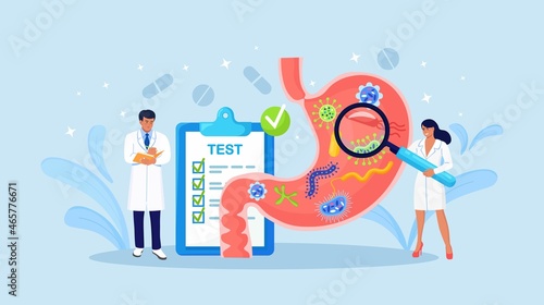 Stomach disease, Abdominal Pain. Gastrointestinal Indigestion, Helicobacter pylori, Diarrhea or Constipation. Gastroenterology. Tiny doctor diagnosis internal organs illness. Vector illustration