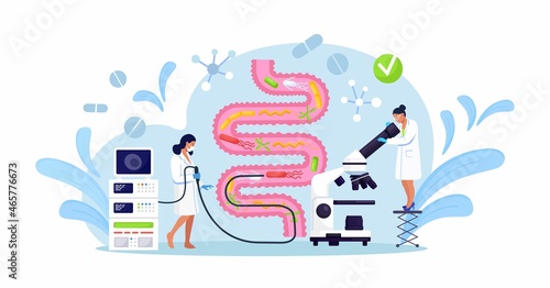 Team of physicians performs colonoscopy, diagnostics of the intestine. Bowel health. Tiny medical doctors examining gastrointestinal tract and digestive system. Gut microorganisms and friendly flora. 