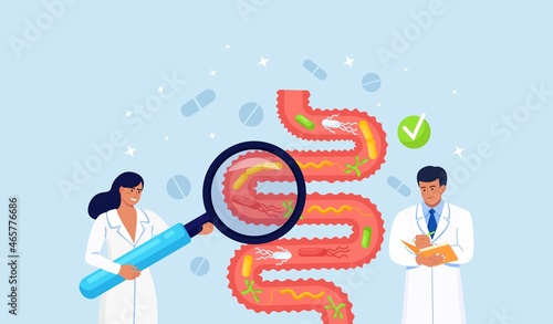Doctor examining gastrointestinal tract, bowel, digestive system. Gastroenterologist inspect bowel or intestine canal problems. Intestinal inflammation. Gut microorganisms and friendly flora. Vector