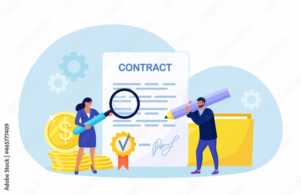 Tiny Business People standing near Contract Document, Reading Privacy Policy, Terms and Conditions. Businessman Signing Contract. Confirming the Agreement. Successful Partnership, Cooperation. Vector 