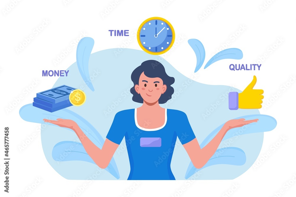 Business woman contemplating over conflicting interrelated values triangle. Time, money cost or quality question concept. Customer expectations for the service or product. Vector illustration Business woman contemplating over conflicting interrelated values triangle. Time, money cost or quality question concept. Customer expectations for the service or product. Vector illustration