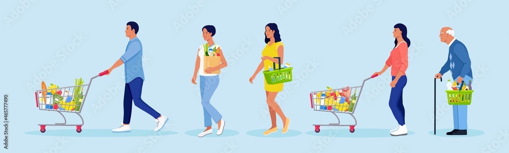 Grocery store queue. People with shopping carts, basket, eco bag with food. Crowd shoppers waiting in long line in supermarket. Crowded queue to the cashier. Customer service. Vector design Grocery store queue. People with shopping carts, basket, eco bag with food. Crowd shoppers waiting in long line in supermarket. Crowded queue to the cashier. Customer service. Vector design
