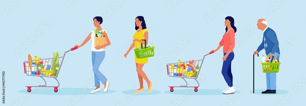 Grocery store queue. People with shopping carts, basket, eco bag with food. Crowd shoppers waiting in long line in supermarket. Crowded queue to the cashier. Customer service. Vector design