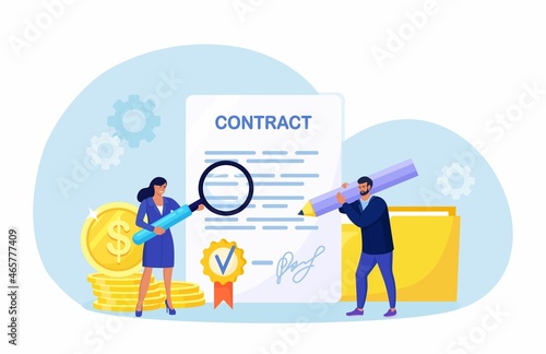 Tiny Business People standing near Contract Document, Reading Privacy Policy, Terms and Conditions. Businessman Signing Contract. Confirming the Agreement. Successful Partnership, Cooperation. Vector 