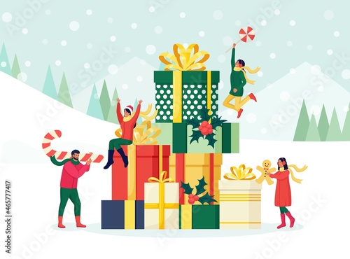 People dressed in winter clothes shopping for Christmas holiday. Christmas sale concept. Women and men pack  prepare and give gifts boxes. Anticipation of celebration Xmas  New Year. Vector design