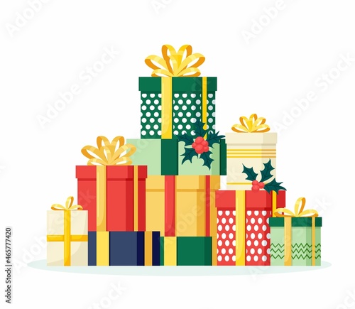 Christmas sale. Pile of gift boxes, presents with ribbon, bow, festive flags isolated on white background. Xmas shopping concept. Surprise for anniversary, birthday, wedding, new year. Vector design