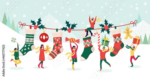Happy People Celebrating Christmas Party. Characters Puts Gifts, Sweets in Big Festive Socks. Preparation for Winter Holidays. Xmas Eve. Merry Christmas and New Year. Vector illustration