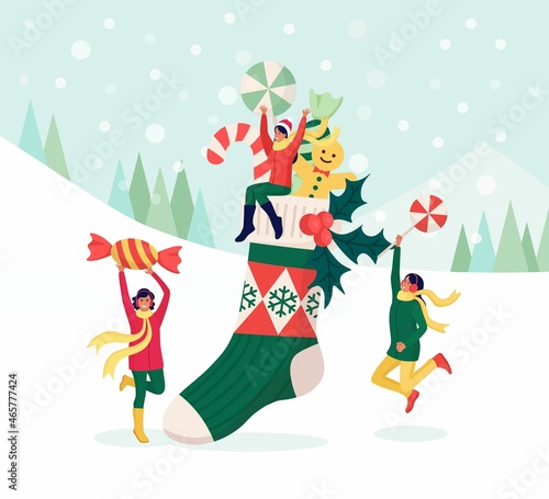 Happy Women Celebrating Christmas Party. Female Characters Puts Gifts, Sweets in Big Red Sock. Preparation for Winter Holidays. Xmas Eve. Merry Christmas and New Year. Vector illustration