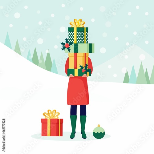 Woman hold big pile, stack of wrapped gift boxes, presents with ribbon in hand. Surprise for holiday. Merry christmas, new year, happy birthday concept. Xmas sale. Vector design