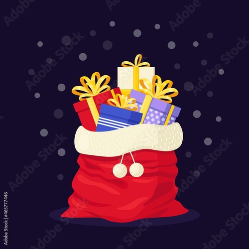 Red santa bag with gift elements for xmas holiday celebration. Santa Claus sack full of presents package. Merry christmas and happy new year. Vector design