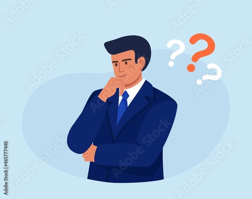 Thoughtful person. Smart man thinking or solving problem. Pensive guy surrounded by question mark. Confused man thinks, trying to find a solution. Confusing situation. Vector design