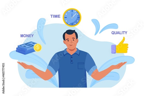 Businessman contemplating over conflicting interrelated values triangle. Time, money cost or quality question concept. Customer expectations for the service or product. Vector illustration