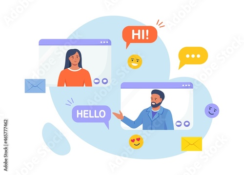 Video call conference and virtual meeting. Dating app and remote relationship. Man at desktop chatting with woman online. Messaging with chat app or social network. Internet conversation, webinar