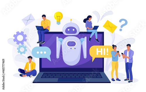 Tiny people chatting with chatbot on laptop. AI robot assistant, online customer support. Chat bot virtual assistant via messaging Information engineering, artificial intelligence and FAQ concept.