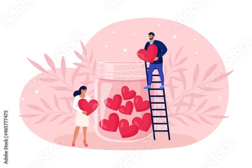 Charity, donation and generous social community. Tiny Volunteers holding heart symbol and put hearts in a glass jar. Give and share your love, hope, support to people. Vector illustration