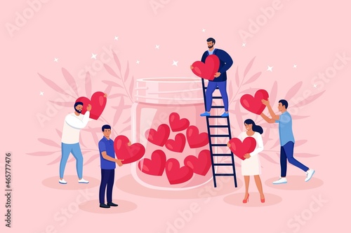 Charity, donation and generous social community. Tiny Volunteers holding heart symbol and put hearts in a glass jar. Give and share your love, hope, support to people. Vector illustration photo