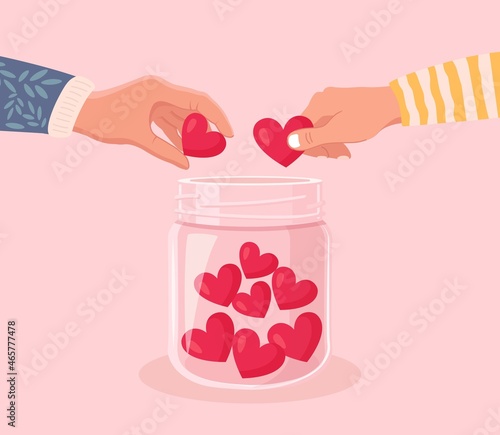 Volunteers hands holding heart symbol and put hearts in a glass jar. Give and share your love, hope, support to people. Charity, donation and generous social community. Vector design