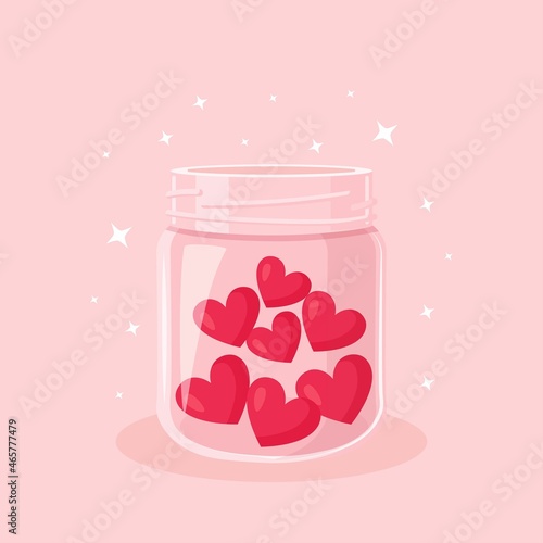 Charity, donation, volunteering and generous social community. Red hearts in a glass jar. Give and share your love, hope, support to people. Vector design