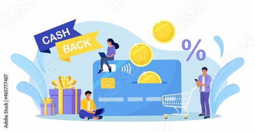 Happy people receiving cashback. Customers gets money refund on credit card. Online banking. Clients getting cash rewards. Saving money. Vector design