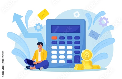 Man with Calculator for Math Operations. Person Collecting and Saving Money, Counting Budget, Capital or Deposit Income. Savings Account Calculations. Finance and Economy. Vector design