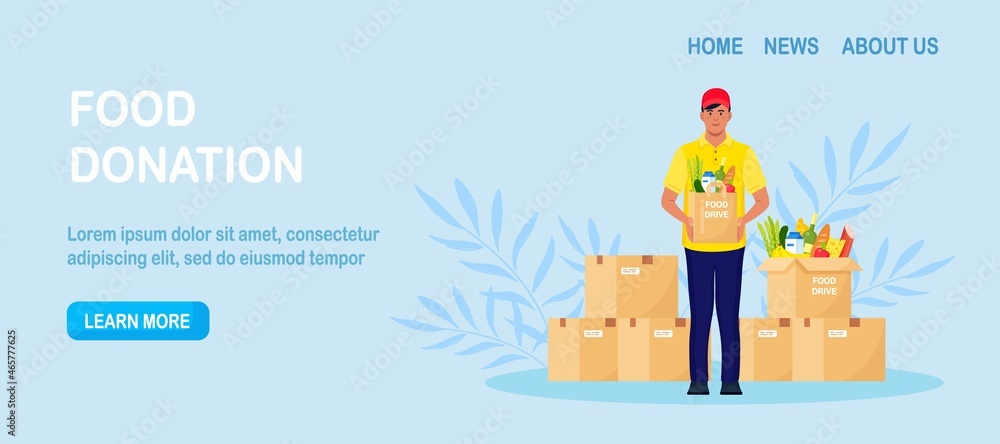 Volunteer holding a donation box, package with grocery. Charity, food donation for needy and poor people. Vector illustration Volunteer holding a donation box, package with grocery. Charity, food donation for needy and poor people. Vector illustration