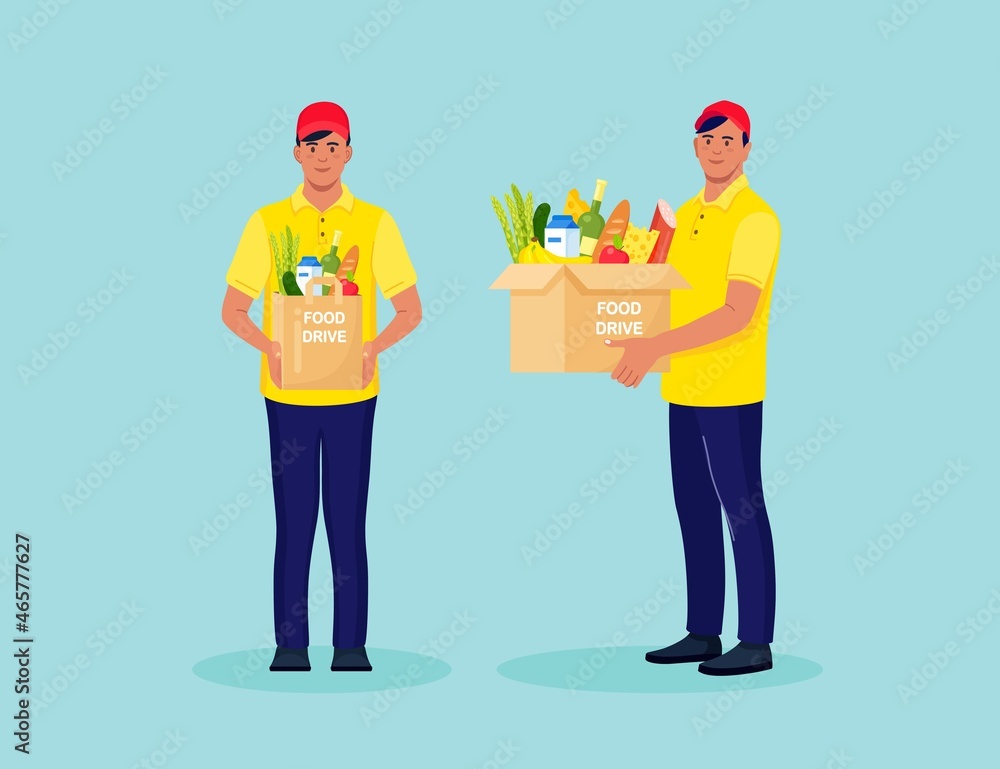 Volunteer holding a donation box, package with grocery. Charity, food donation for needy and poor people. Vector illustration