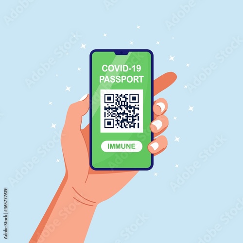 Man holds mobile phone with immunity passport for covid-19. Digital vaccination certificate against coronavirus. Vector illustration