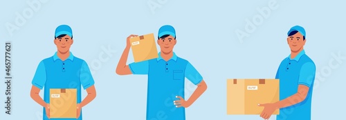 Set of Delivery men with carton box in hands. Courier in cap with parcel. Vector illustration