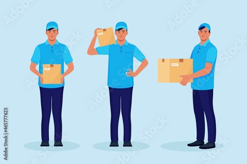 Set of Delivery men with carton box in hands. Courier in cap with parcel. Vector illustration