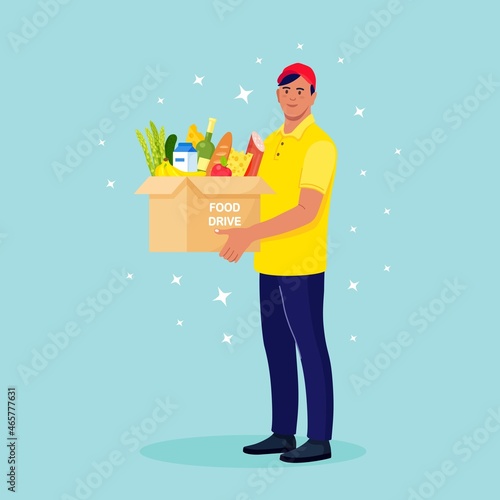 Volunteer holding a donation box, package with grocery. Charity, food donation for needy and poor people. Vector illustration