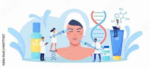Cosmetology, Dermatology. Woman Getting Procedure of Botox Injection from Doctor in Beauty Salon for Skin Rejuvenation. Cosmetologist Holds Syringe with Hyaluronic Acid. Facial Wrinkle Treatment