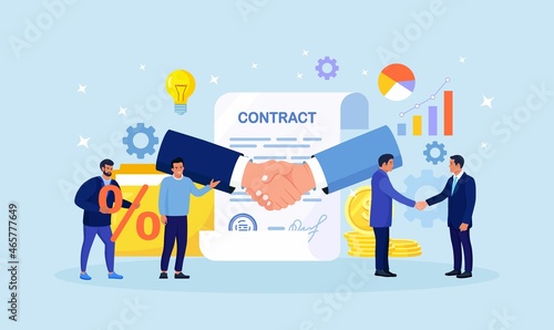 Business people shaking their hands confirming the agreement. Successful partners signing Contract document with stamp. Partnership, Cooperation, business relationship. Handshake. Vector illustration
