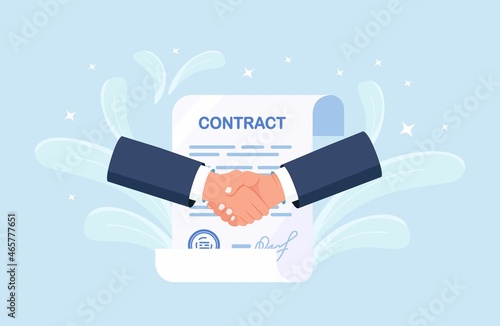 Handshake of Two Businessmen. Agreement of Parties. People Shaking Hands firmly after Signing Documents. Successful Partnership, Cooperation, Investment. Vector illustration