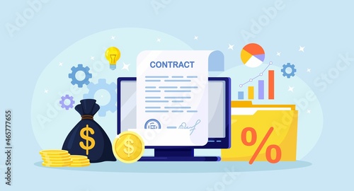 Electronic document signature, contract page on computer screen. Signing of formal agreement, stack of coin, money, graph, folder with documents on background. Online conclusion of the transaction. 