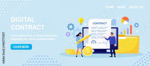 Contract Agreement. Electronic Document Signature. Tiny Business People Inspecting Contract Document, Reading Privacy Policy and Terms and Conditions. Businessman Signing Official Paper. Vector design
