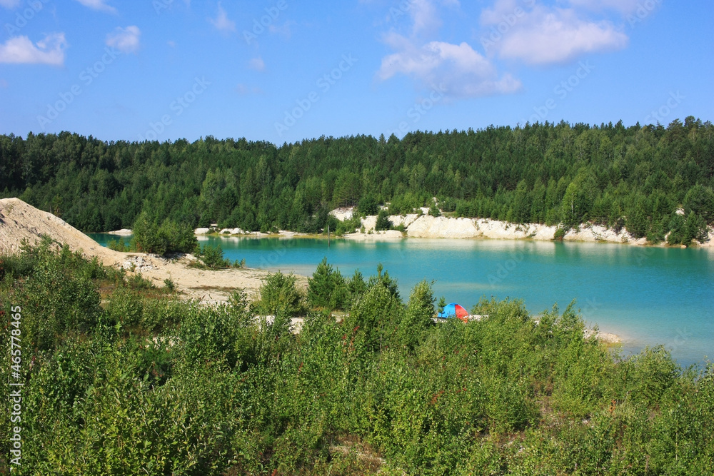 Trees grow on the banks of the turquoise lake Trees grow on the banks of the turquoise lake