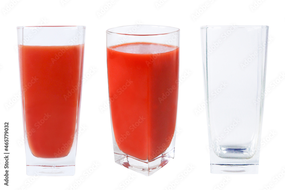 Set of empty glasses and glasses with tomato juice on an isolated white background. Set of empty glasses and glasses with tomato juice on an isolated white background.