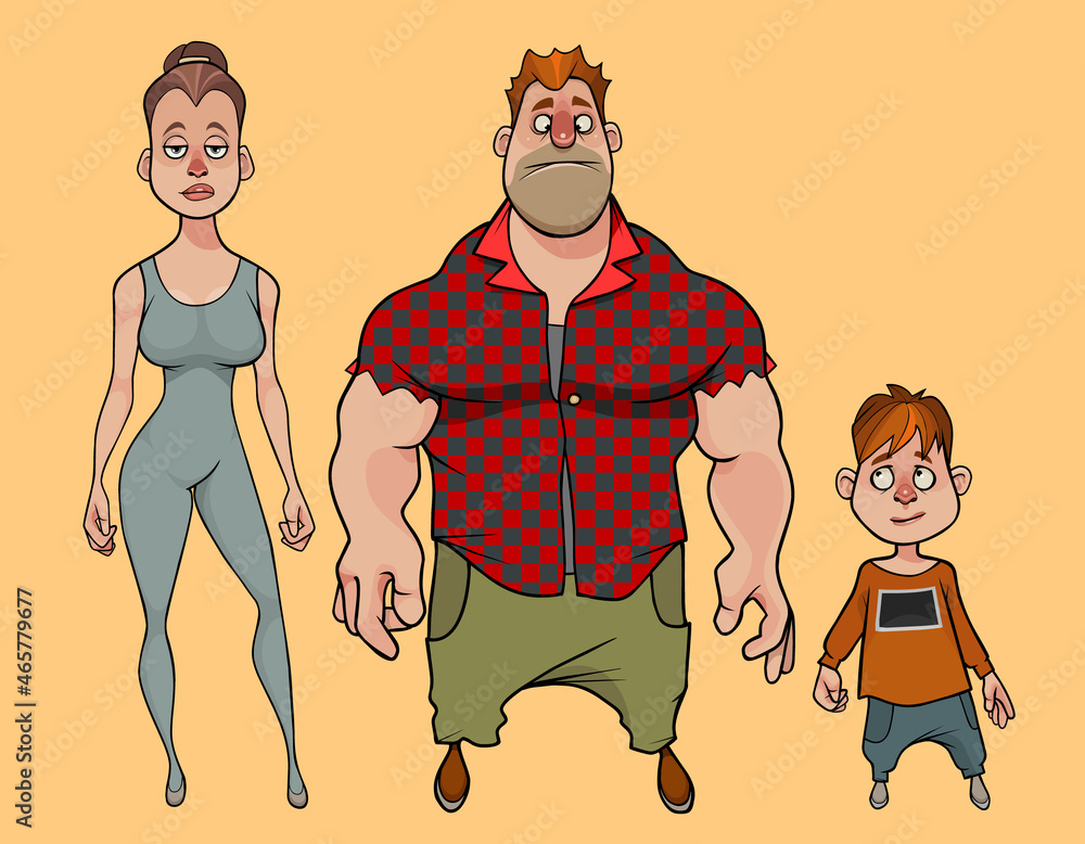 cartoon funny family of strong dad sports mom and little son Stock Vector |  Adobe Stock